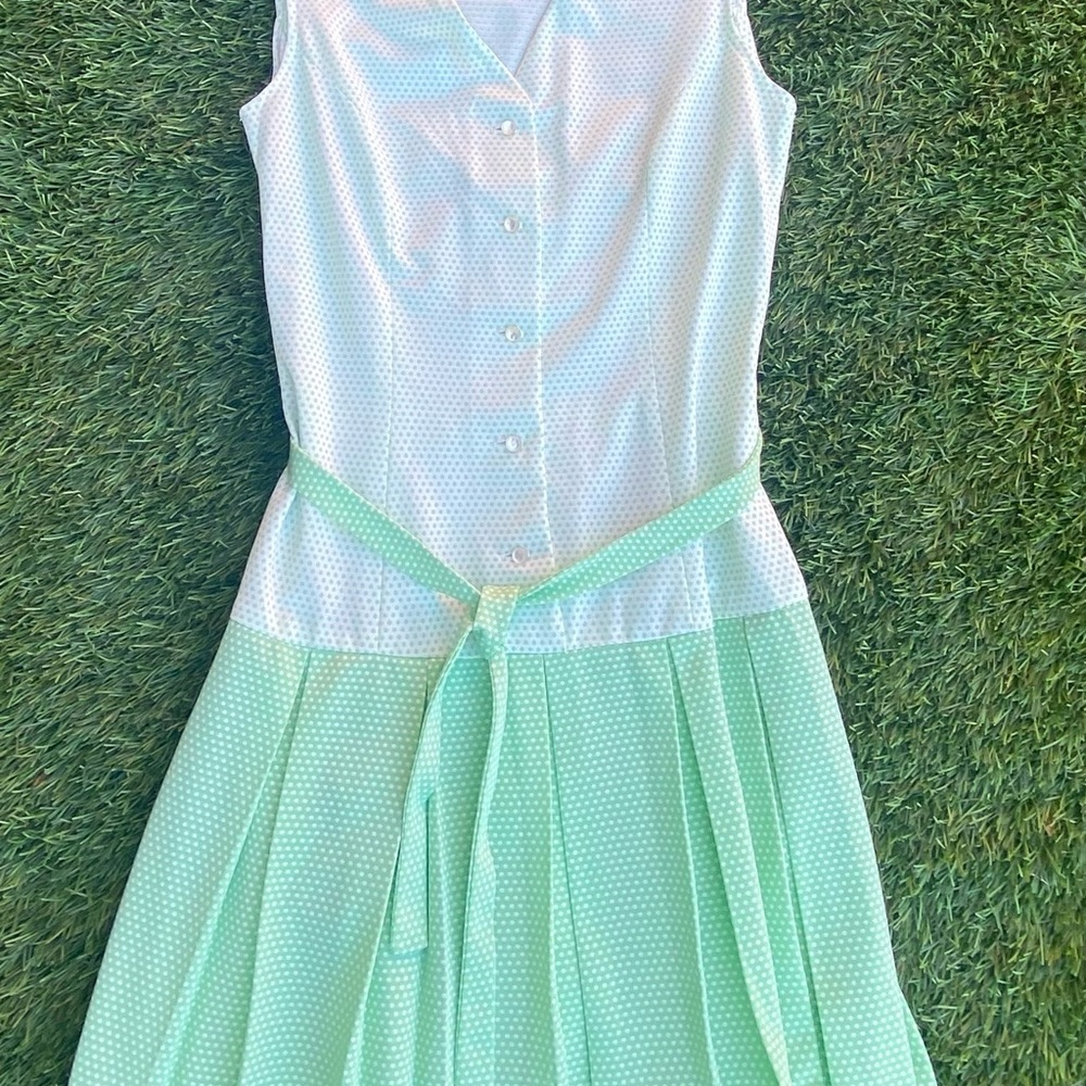 Vintage green & white polka dot drop waist dress-homemade so no tag-approx Sz-L - Picture 7 of 7